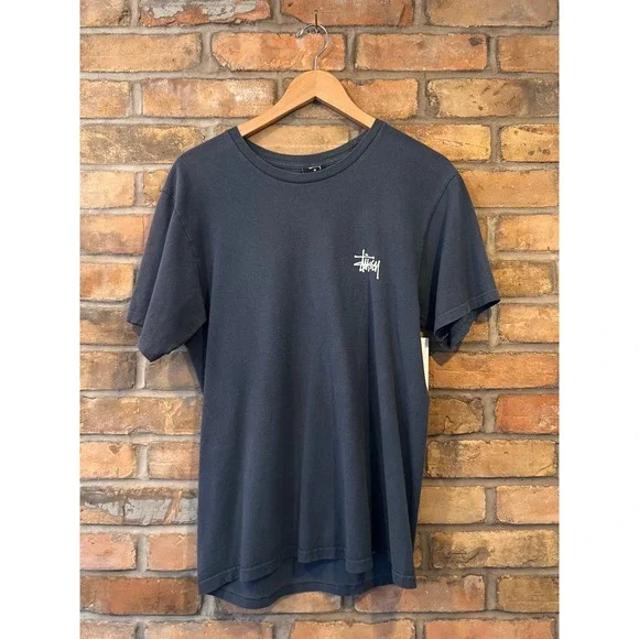 Stussy Graphic Logo T-Shirt Mens Medium Navy Blue Distressed Thrashed Streetwear - Picture 2 of 4